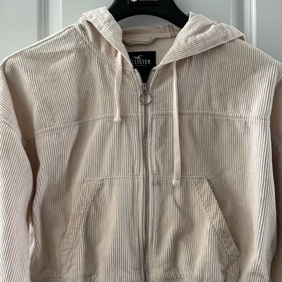 Hollister Womens Hooded Cropped Zip-Up Jacket M Beige & White - Picture 5 of 7